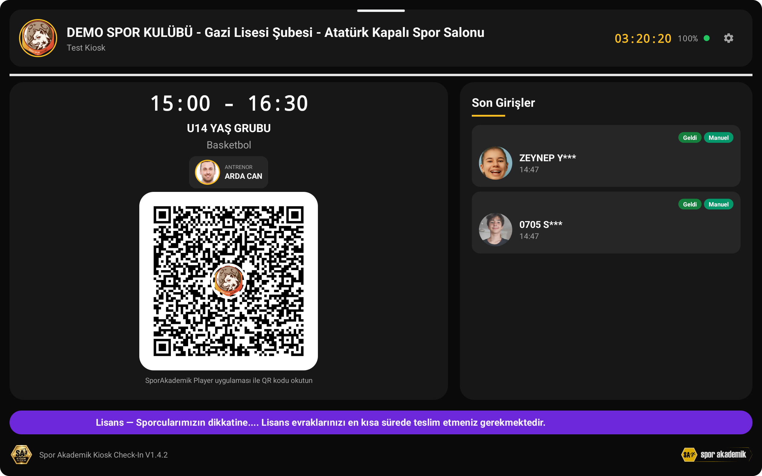 SporAkademik Kiosk tablet ekranı — oturum QR kodu ve son girişler listesi