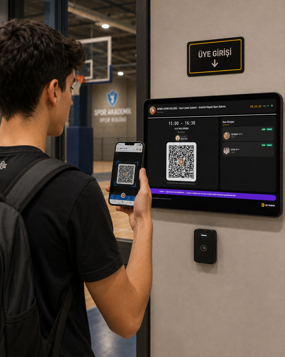 SporAkademik Salon Kiosk QR Yoklama tablet ekranı — QR kod ve son girişler