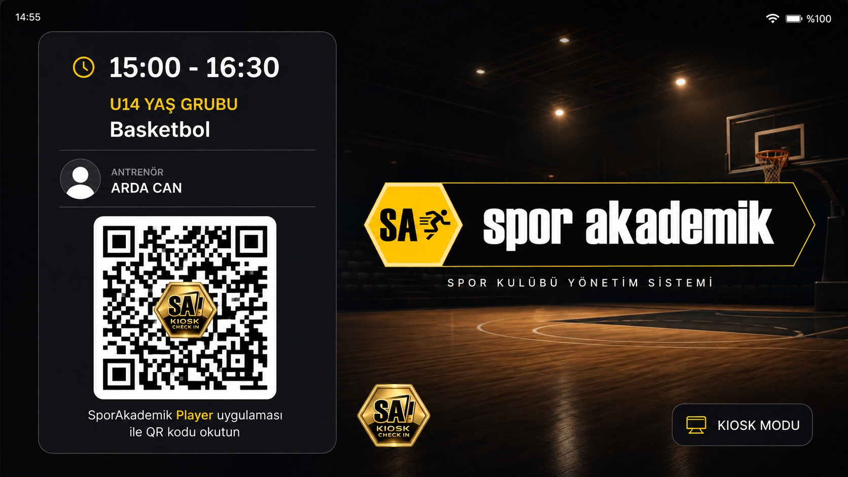 Kiosk tablet QR paneli — antrenman saati, grup ve oturum QR kodu